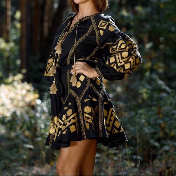 March 11 Black Linen Mini Kilim Dress Size M - Picture 11 of 16